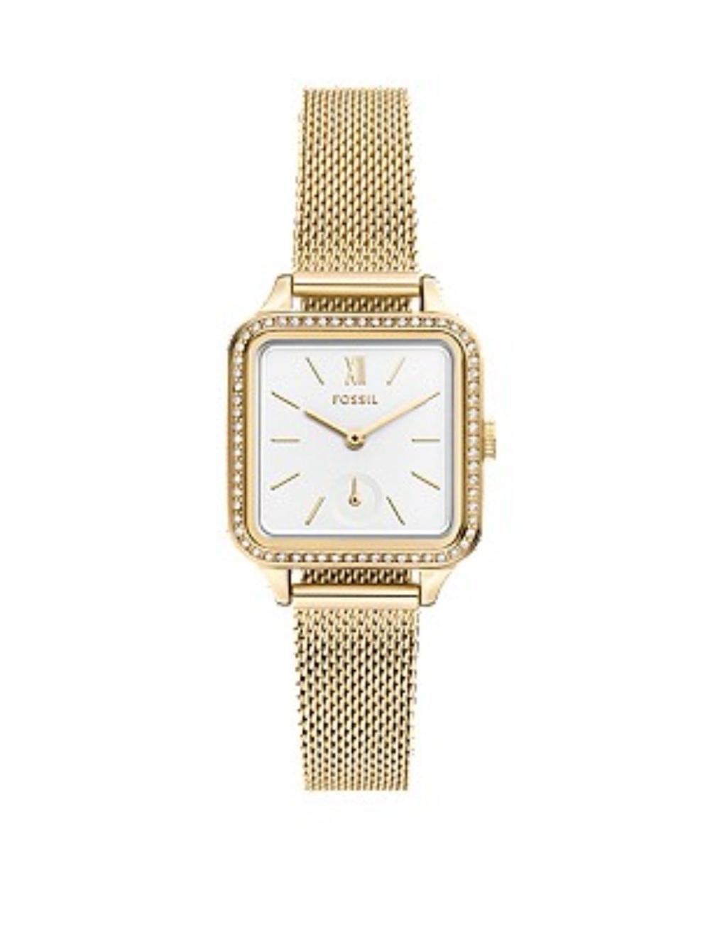 Fossil Gold-Tone Square Crystal Mesh Bracelet Watch
